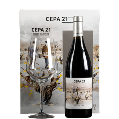 Bouteille de Cepa 21 en étui avec verre