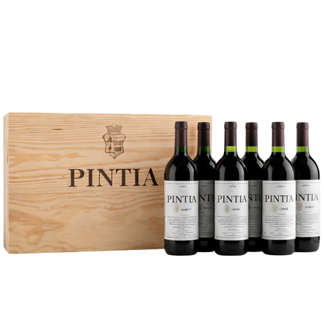 6 bouteilles de Pintia 2021 dans une caisse en bois